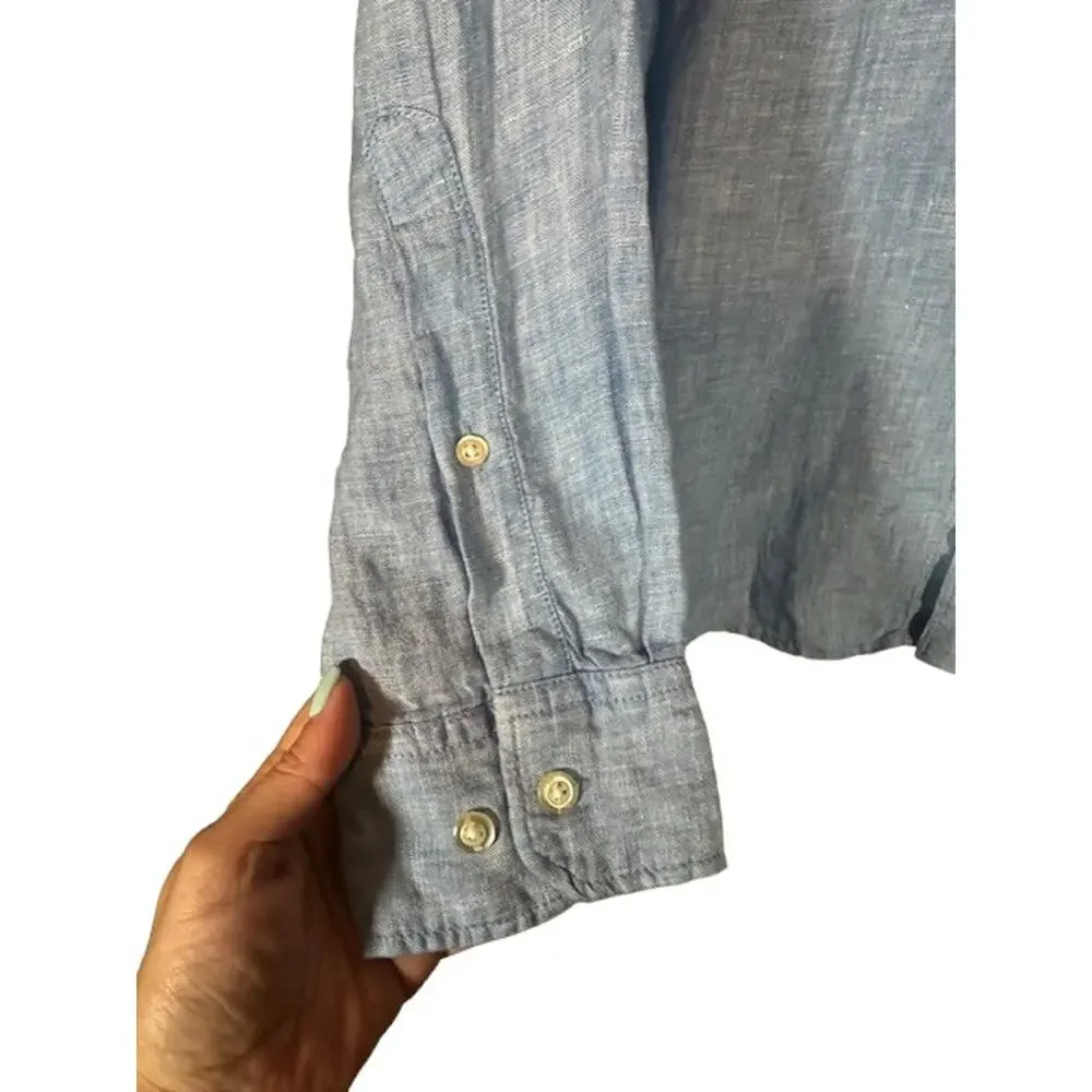 Banana Republic Camden Fit Blue Linen Button Front Shirt Long Sleeve Men Sz Med